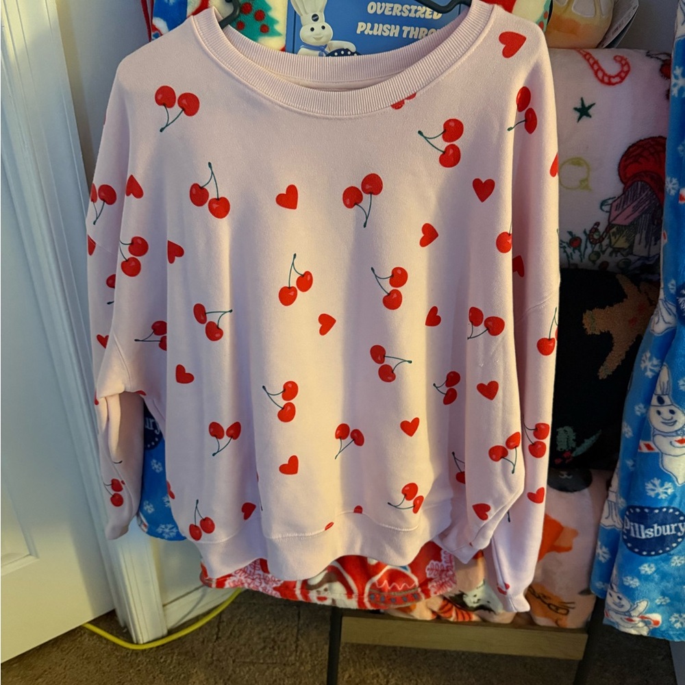 Grayson Threads  Pink Sweatshirt and Sweatpant set with Cherry and Heart Design